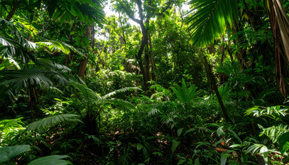 Fototapeta premium Lush green jungle scene with dense foliage and sunlight filtering through the canopy.