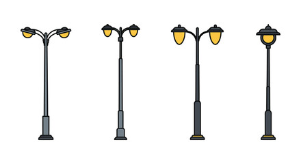 Four different styles of street lamps isolated on a white background