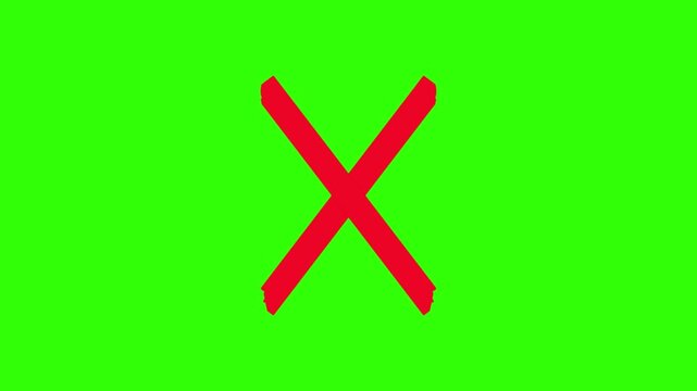 Cross Sign on a Green Screen. 4k cross mark animation, Wrong Symbol in Motion graphic, red cross mark icon brushstroke animation Transparent background. Red X letter, Prohibition. Error. Wrong marker,