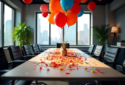 Festive corporate office meeting room decorated with colorful balloons and scattered confetti. Celebrating birthdays, anniversaries, or events. Joyful atmosphere perfect for parties, celebrations. - Powered by Adobe