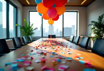 Festive corporate office meeting room decorated with colorful balloons and scattered confetti. Celebrating birthdays, anniversaries, or events. Joyful atmosphere perfect for parties, celebrations.