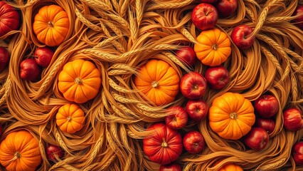 Vibrant abstract tapestry of golden wheat, orange pumpkins, and red apples showcasing autumn's rich harvest