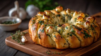 A unique braided bread shaped into a hollow ring, filled with fresh herbs and baked garlic cloves in the center.