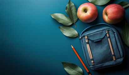 Flat lay composition of a blue backpack with fresh apples and leaves on a dark teal background, positioned to the right with ample space for text or design elements