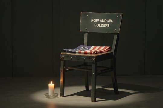 Empty chair honors POW MIA soldiers with folded American flag and memorial candle, a poignant tribute to sacrifice and remembrance