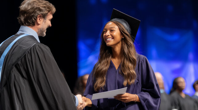 A graduate shaking hands with the dean on stage at graduation, receiving their diploma, spotlight illuminating the moment - Powered by Adobe