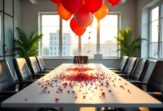Festive corporate office meeting room decorated with colorful balloons and scattered confetti. Celebrating birthdays, anniversaries, or events. Joyful atmosphere perfect for parties, celebrations.
