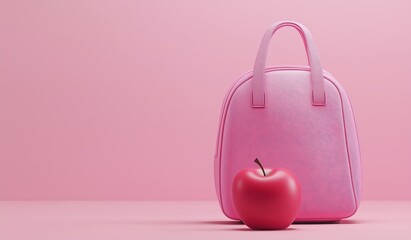 Obraz premium Minimalist pink backpack with an apple in the background featuring soft pastel colors and ample copy space, ideal for school or college themed designs and educational concepts