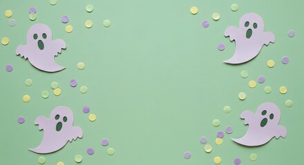 Pastel paper ghosts and confetti frame a light green background, creating a whimsical Halloween border.