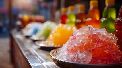 Close-up of a vividly colored ice gola resting on a stainless steel plate, melting droplets glistening under bright summer sunlight, background showing a street cart filled with flavored syrup bottles