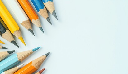 Top view of colorful pencils arranged in an artistic pattern on white and light blue backgrounds with ample copy space, ideal for school or education themed designs
