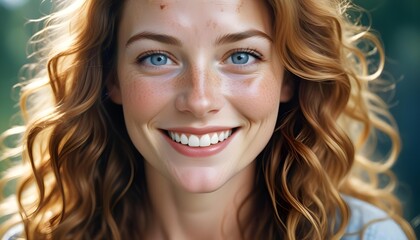 Fototapeta premium A beautiful woman with a joyful smile and captivating blue eyes is captured in a close-up portrait.