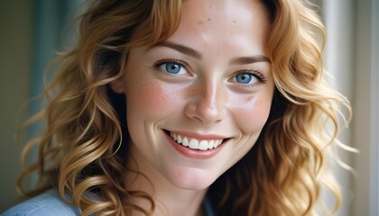 Fototapeta premium A radiant young woman with a dazzling smile and stunning blue eyes.
