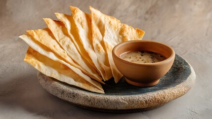Crisp maida flour lavash crackers arranged in a fan shape on a stone plate, paired with a dip in a small clay bowl