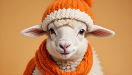 A cute lamb in an orange hat and scarf, ready for the cozy winter season.