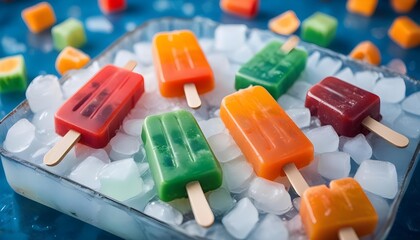 Naklejka premium Colorful popsicles on ice offer a refreshing and cool summer treat.