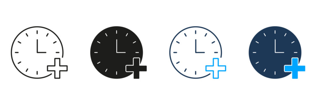 Clock With Plus Sign Line And Solid Icon Set. Time Management, Schedule Addition, And Event Planning Symbol Collection. Efficiency And Productivity Enhancement. Isolated Vector Illustration