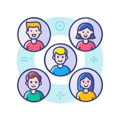 Communication of friendly people looking out from small circles, for concept of chatting in social media. Communication of men and women talking with friends and sharing positive life stories See Less