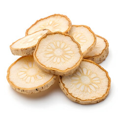 Dried ginseng root slices arranged on a white background, highlighting their light beige color