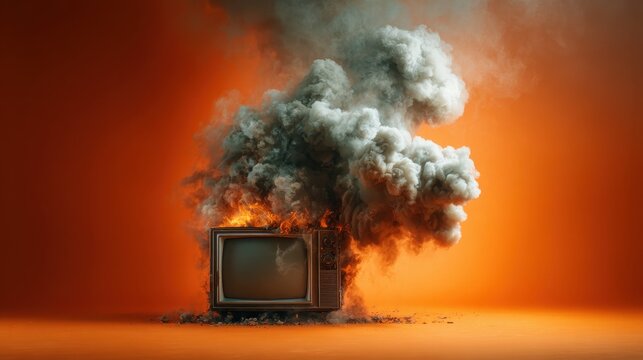 A dramatic scene featuring an old television engulfed in flames, billowing thick smoke against a vibrant orange background, symbolizing destruction and upheaval.
