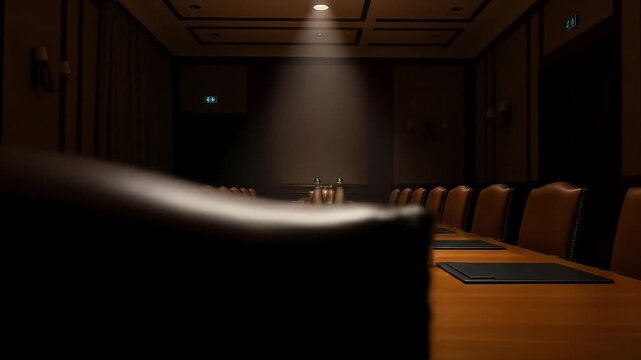 A dimly lit, empty conference room featuring a long wooden table and leather chairs, dramatically illuminated by a single overhead spotlight.