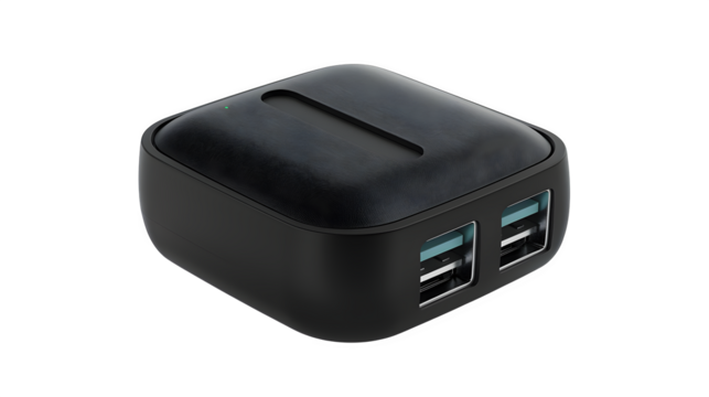 Modern black dual USB charger cube for efficient power delivery and seamless connectivity - Powered by Adobe