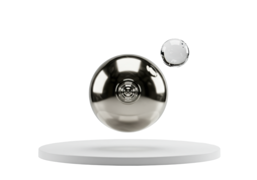 A pristine, perfectly spherical, highly polished metallic sphere suspended in a minimalist studio with soft bokeh, ample negative space, concept of strategic excellence