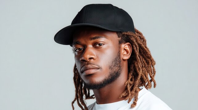 A young man stares thoughtfully with a serious expression, wearing a black cap, conveying a sense of contemplation and modernity in today's fashion culture.