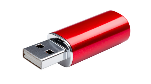 Sleek red metallic USB flash drive, perfect for portable data storage and quick file transfers.