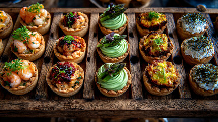 Fototapeta premium Artistic display of assorted tartlets at the Tartelet Festival in Odense. A long wooden counter filled with different variations--classic chicken and asparagus, seafood tartlets
