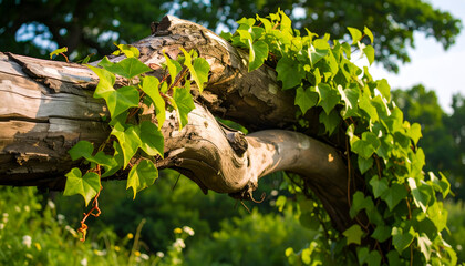 Lush green ivy climbing and covering a decaying, weathered tree trunk.