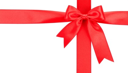 A vibrant red satin ribbon tied into a neat bow against a stark white background