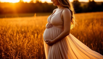 Obraz premium Pregnant Woman in Golden Field at Sunset