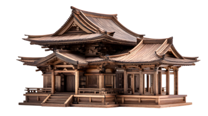 Intricate wooden Japanese temple model showcases detailed craftsmanship and traditional architectural beauty