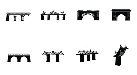 Set of Bridge Silhouettes in Black and White Different Shapes and Styles