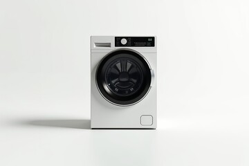 Front loading washing machine isolated on white background for appliance branding, laundry service, and interior design mockup