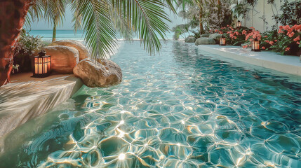 Tropical Resort Poolside with Palm Trees and Lanterns