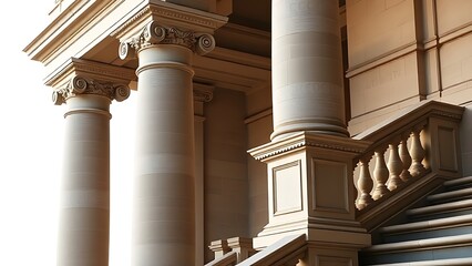 Classical stone pillars and staircase with elegant lighting, highlighting historical architecture.