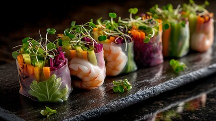 A crystal-clear rice paper shrimp spring rolls filled with rainbow-hued vegetables and sprinkled with microgreens, arranged in a geometric pattern on a glossy stone slab