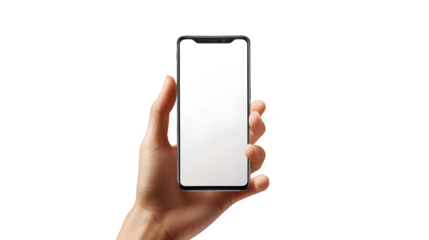 Modern smartphone held by hand showcasing a bright, blank screen for your creative content display