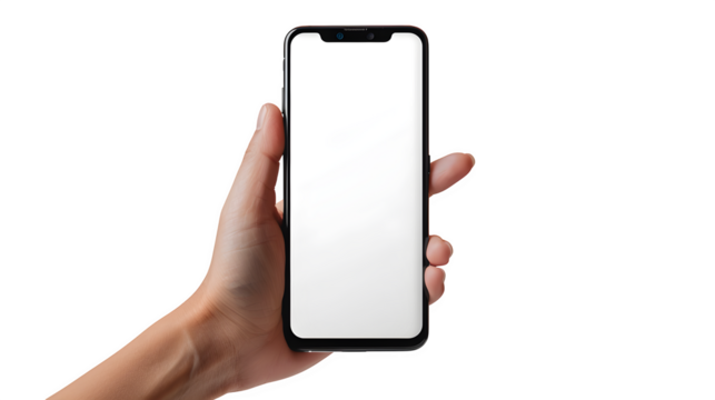 Hand holding modern smartphone with blank white screen ready for your content creation and design projects.