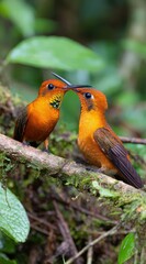 Fototapeta premium Two rufous hummingbirds on a branch