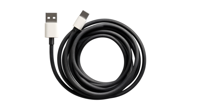 Modern USB-C and USB-A charging cable coiled neatly for sleek tech presentations and connectivity