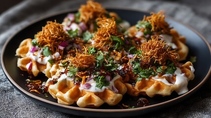 Savory waffles infused with chaat masala, topped with yogurt, tamarind sauce, and crispy sev, arranged on a matte black plate over a textured fabric tablecloth.
