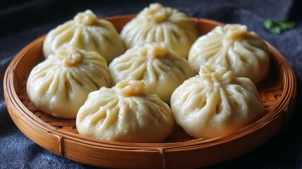 Soft and fluffy steamed maida flour momos, perfectly arranged in a circular bamboo plate, with each fold and steam texture clearly visible.
