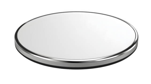 Sleek modern coin or button with metallic silver edge and clean white surface
