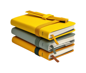 Colorful notebooks stacked home office product minimalist style isolated on transparent background, png