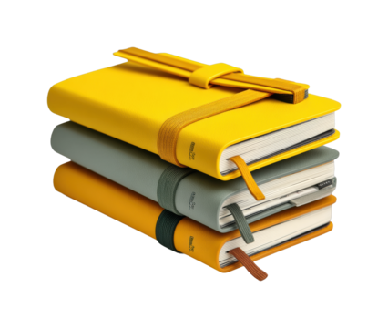 Colorful notebooks stacked home office product minimalist style isolated on transparent background, png