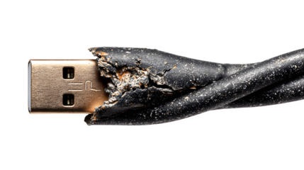 Damaged USB cable connector shows electrical hazard and data loss risk, highlighting tech failure.