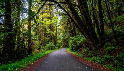 Fototapeta premium A winding asphalt road through a lush, verdant forest, bathed in the soft, diffused natural light.
